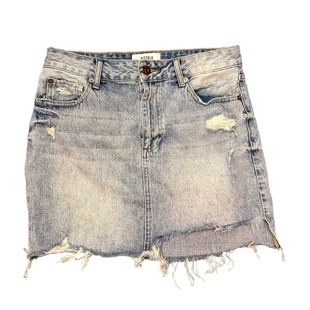 PISTOLA Denim Mini Skirt light wash  raw hem distressed high rise size 29 women